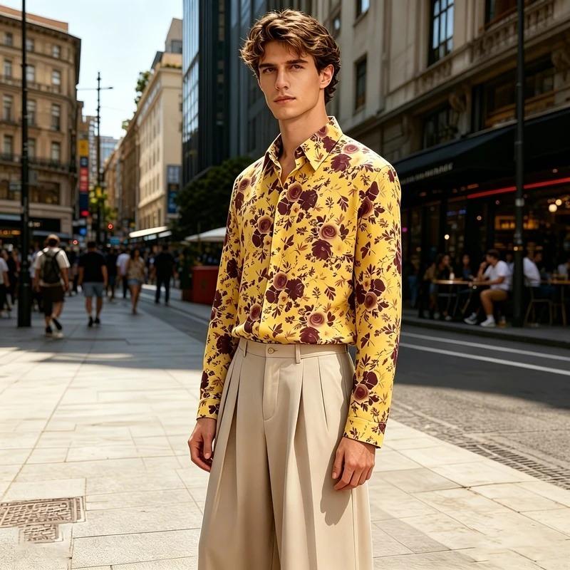 Men's collared loose-fitting long-sleeved shirt, floral print, flowy blouse, urban casual cardigan top.
