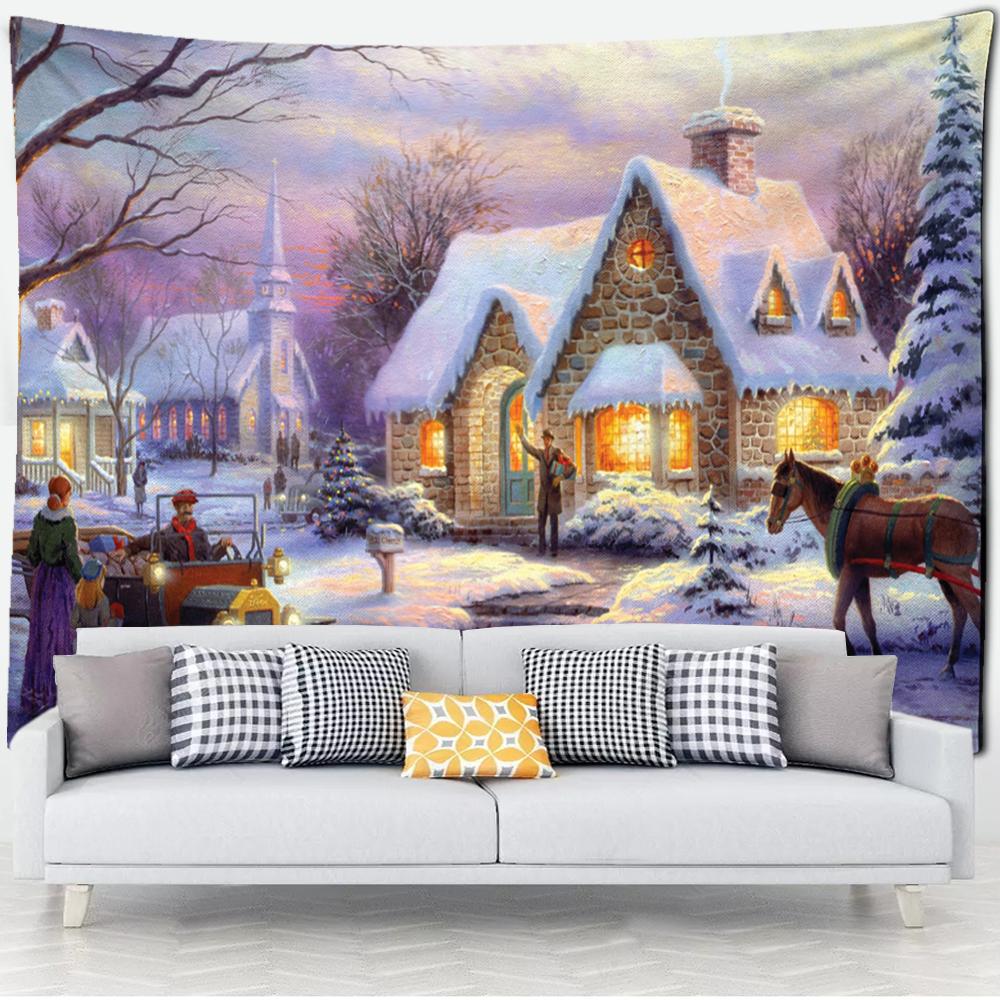 Forest Hut Tapestry Wall Hanging Oil Painting Background Cloth Printing Psychedelic Witchcraft Bohemian Decor