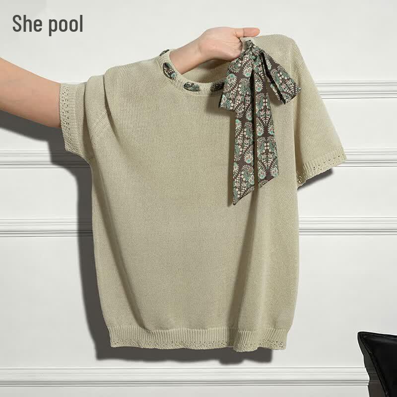 Women s French Round Neck Ice Silk Knit T-Shirt One Size