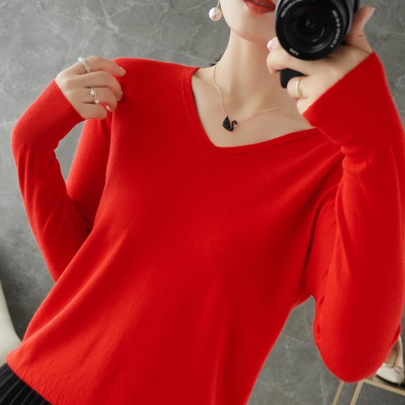 Women's V Neck Long Sleeve Solid Knit Sweater Slim Basic Layering Pullover Jumper