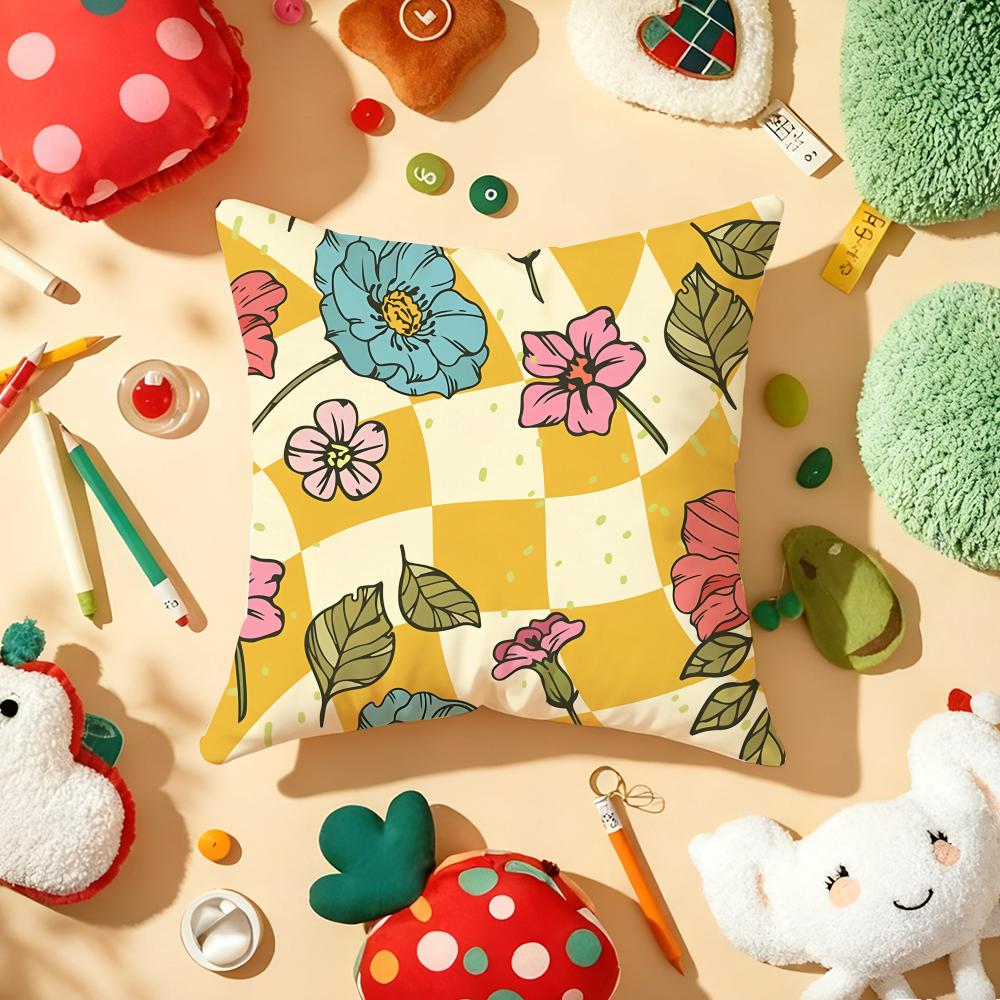 Checked Pattern Flowers Cushion Cover Soft Short Plush DoubleSided Printing Home Decor Machine Washable Pillow Case Gift