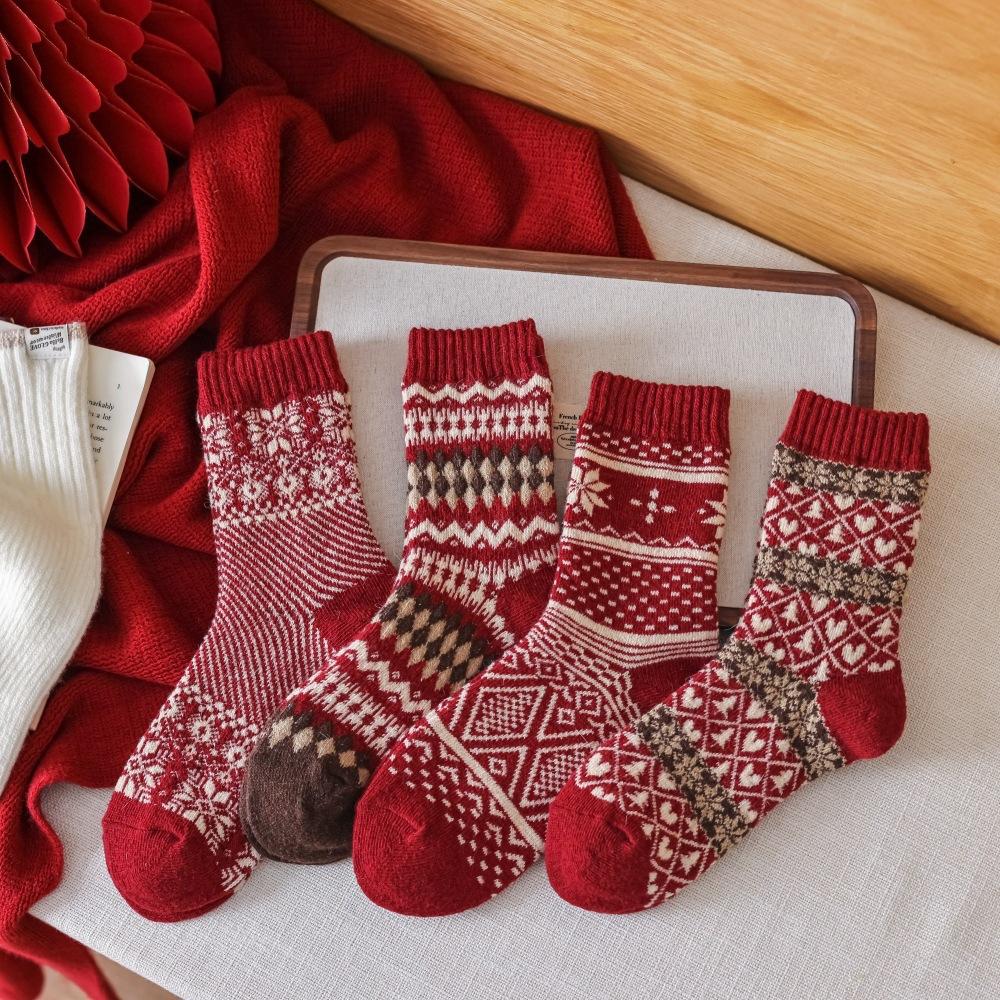 New Year Red Socks for Children, Fair Island Vintage Christmas Mid-calf Socks, Winter Thick and Warm Wool Socks