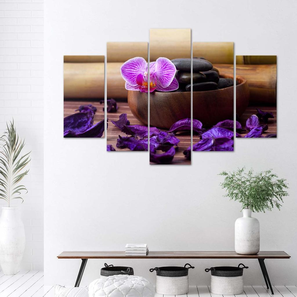 Obraz na plátně z pěti kusů Orchid Zen Spa Stones