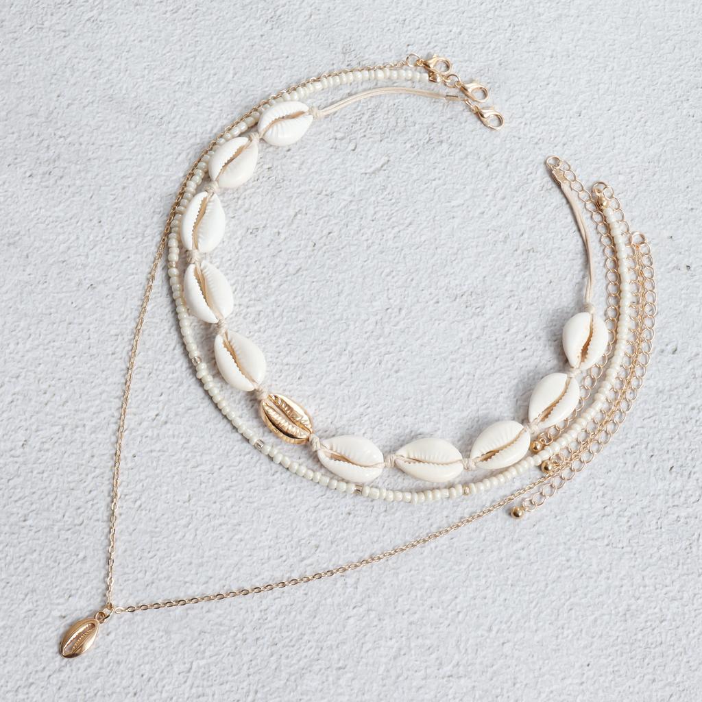 Lanț Claviculă Accesorii Stratificate Femei, Colier Boem cu Pandantiv Scoică cu Mărgele de Orez