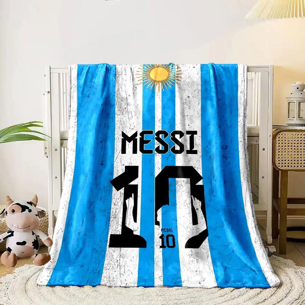 

Blue and white vertical stripes, sun emblem, Messi text, number 10 design. for all seasons blanket lunch break throw gift 80cm x 120cm