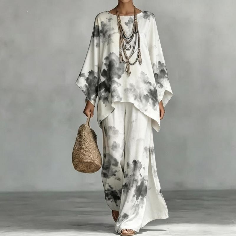 Casual print suit for women, bat-sleeved irregular top, drape wide-leg pants, two-piece set, one piece