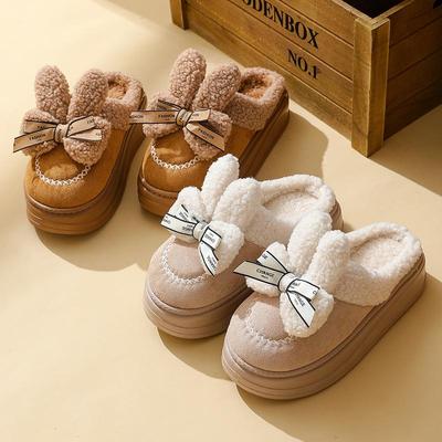 Damen Herbst Winter Große Größe Dicker Boden Innen Baumwolle Hausschuhe Bogen Casual Samt Fell Baumwolle Schuhe Frauen Warme Anti Slip Hausschuhe Für Paare 36-41