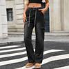 Women's Casual Fashion Solid Color Elastic Waist Pockets Wide Leg Straight Jeans Pants