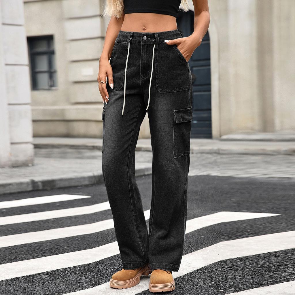 Women's Casual Fashion Solid Color Elastic Waist Pockets Wide Leg Straight Jeans Pants