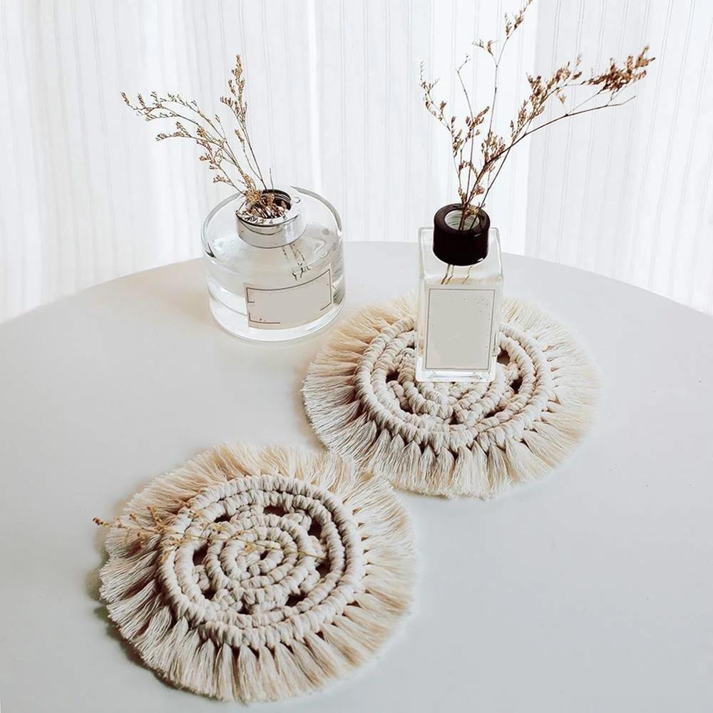 Table Decoration Handwoven Macrame Coasters Cotton Rope Braided Placemats Cup Pad Table Decor Heat Resistant Table Mat Cup