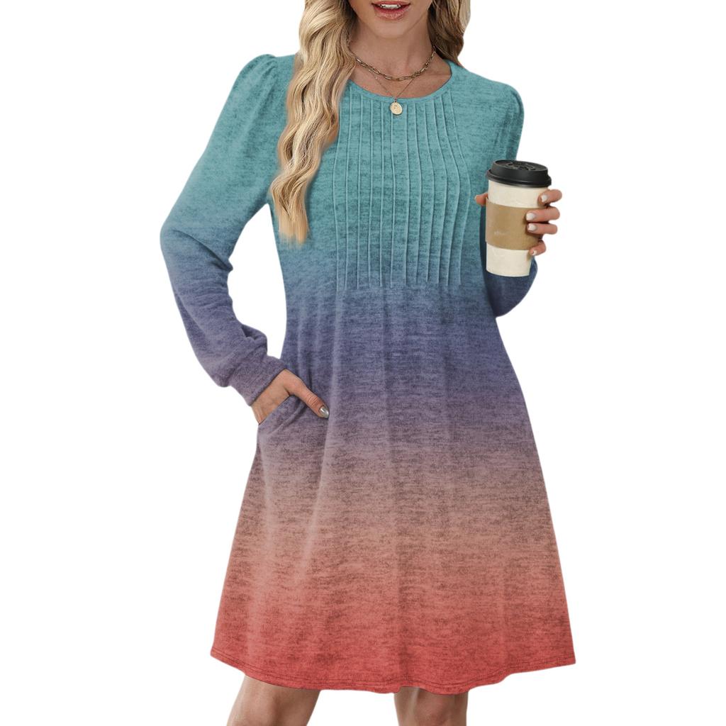 Women's Long Sleeve Pleated Round Neck Gradient Printed Casual Dress With Pockets