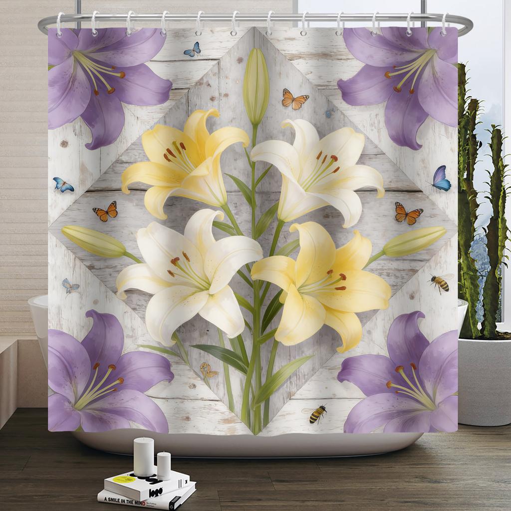 Flower Theme Bathroom Shower Curtain Fresh Sunflowers Roses Lilies Decoration Waterproof Bathroom Polyester Curtain With Hooks