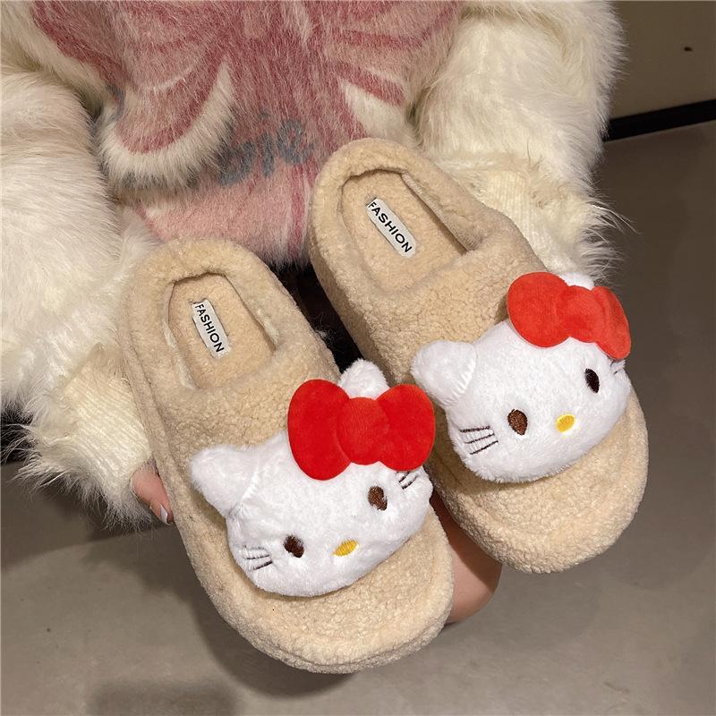 Hello Kitty Warm Cotton Slippers In Autumn and Winter, Home Indoor Student Dormitory Can Be Worn Outside, Non-slip Soft Bottom Fluffy Cotton Mop