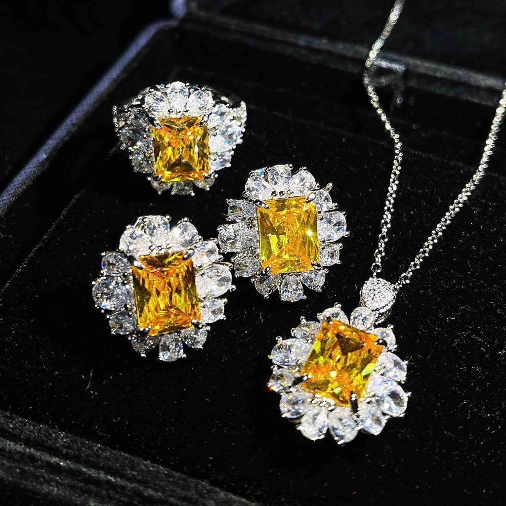 Color Treasure Set, Ascher Yellow Diamond Topa Blue Argyle Pink Square Diamond Ring Stud Earrings Pendant Female
