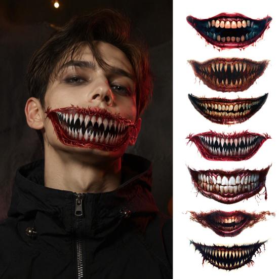 Spooky Theme Party Accessories 3Pcs Realistic Scary Mouth Tattoos for Halloween Zombie Vampire Clown Party, Waterproof Fangs Bloodstains Stickers