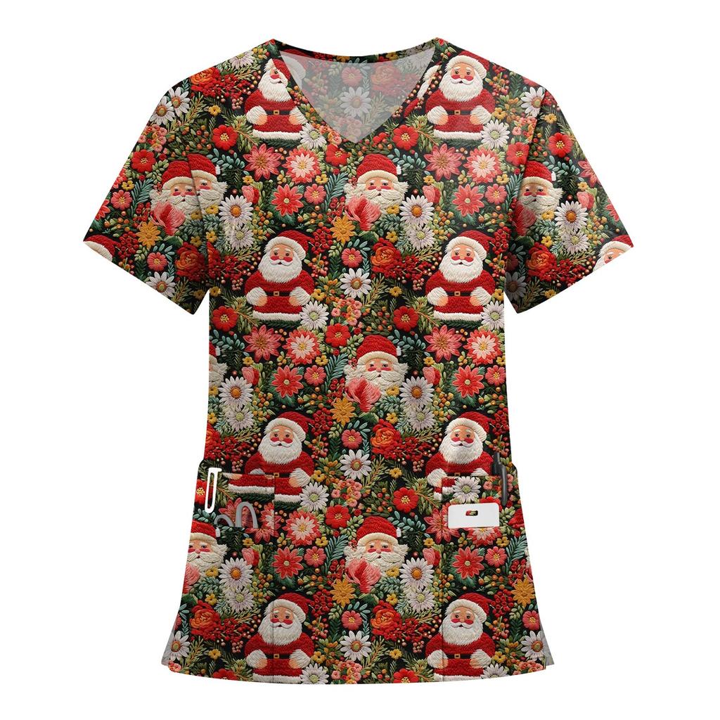 Women's Fashion Printed Short Sleeve V Neck Pattern Tops Pocket Working T-shirts