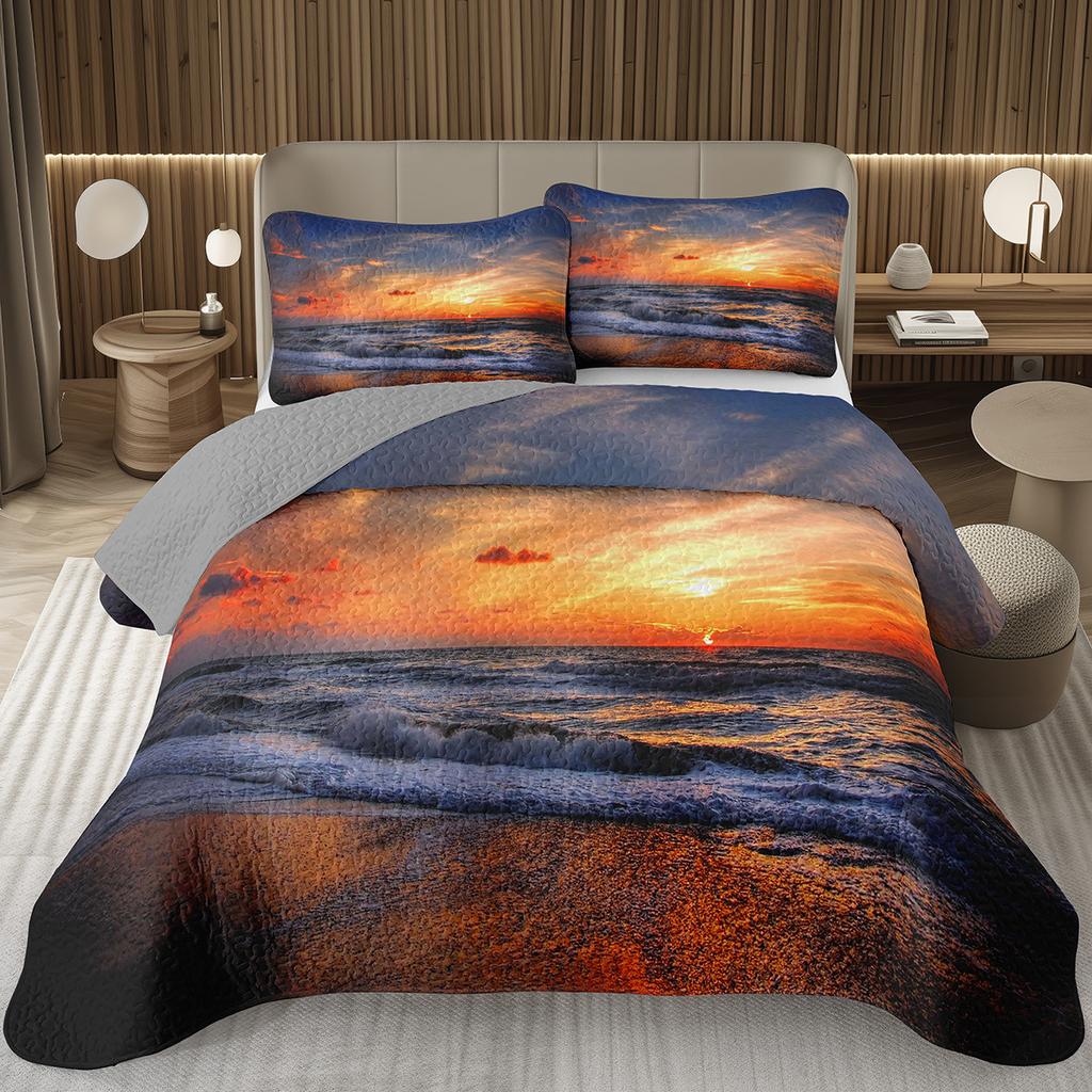 Sunset Scenery Bedspread Queen/Full Natural Landscape Quilted Coverlet 2/3Pcs Reversible Grey Bedding Set for Boy Girl Room Dorm