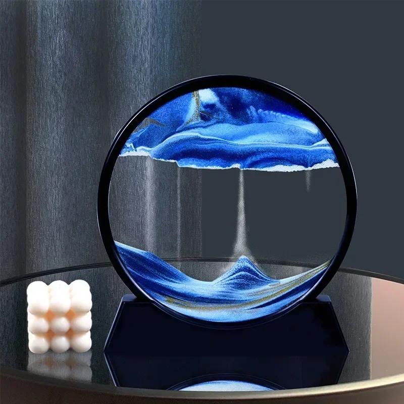 3D Moving Sand Art Picture Round Glass Deep Sea Sandscape Hourglass Quicksand Craft Flowing Painting Office Home Decor Gift 7in