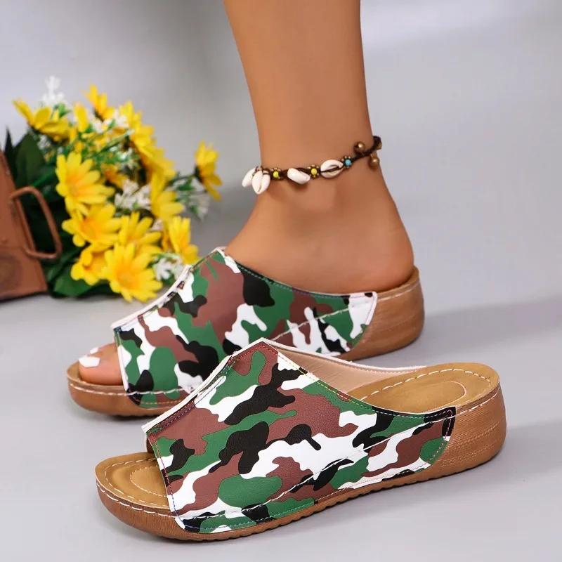 Fashion 2025Women Slippers Fashion Platform Camouflage Wedge Slippers  Summer Beach Casual Sandals Outdoor Comfortable Slides