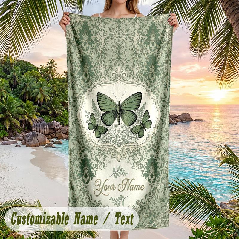 Butterfly Garden Fantasy 7 Theme Quick Dry Beach Towel Custom Name Text Print Large Sand Resistant Towel Beach Vacation