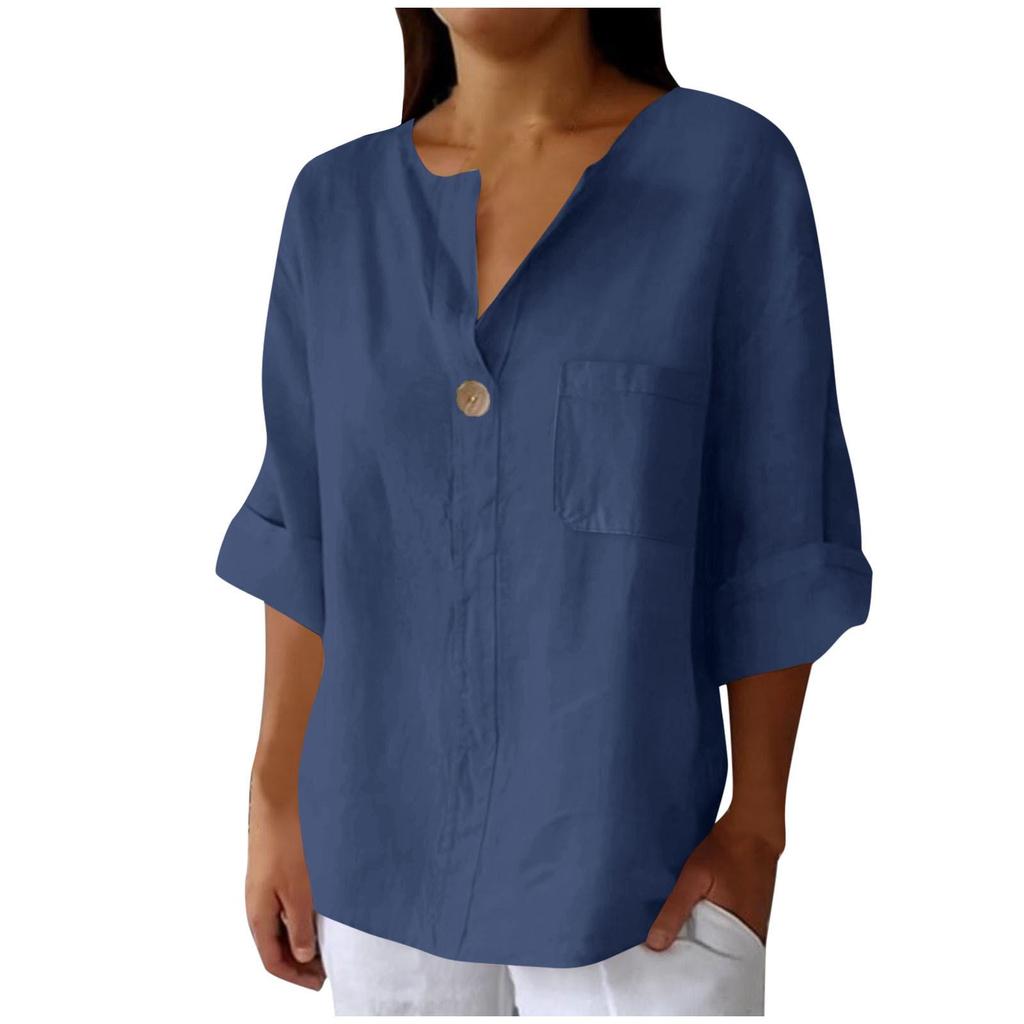 Women's 2025 Summer V-Neck Cotton Linen Button T-Shirt: Loose Fit