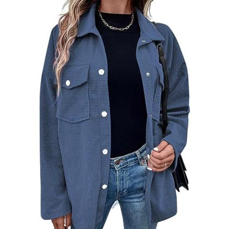 Button Front Flap Pocket Jacket, Casual Solid Color Long Sleeve Drop Shoulder Jacket, Women's