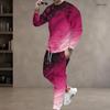 Men Plus Size Black Teal Gold Printed Two Piece Set Round Neck Long Sleeve Top Cuffed Pants