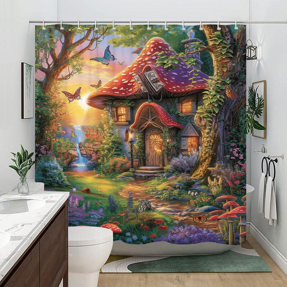 

Forest Mushroom Shower Curtain Fairytale Fantasy Adventure Bohemian Polyester Fabric Home Bath Curtain Bathroom Decor With Hooks 90x180cm