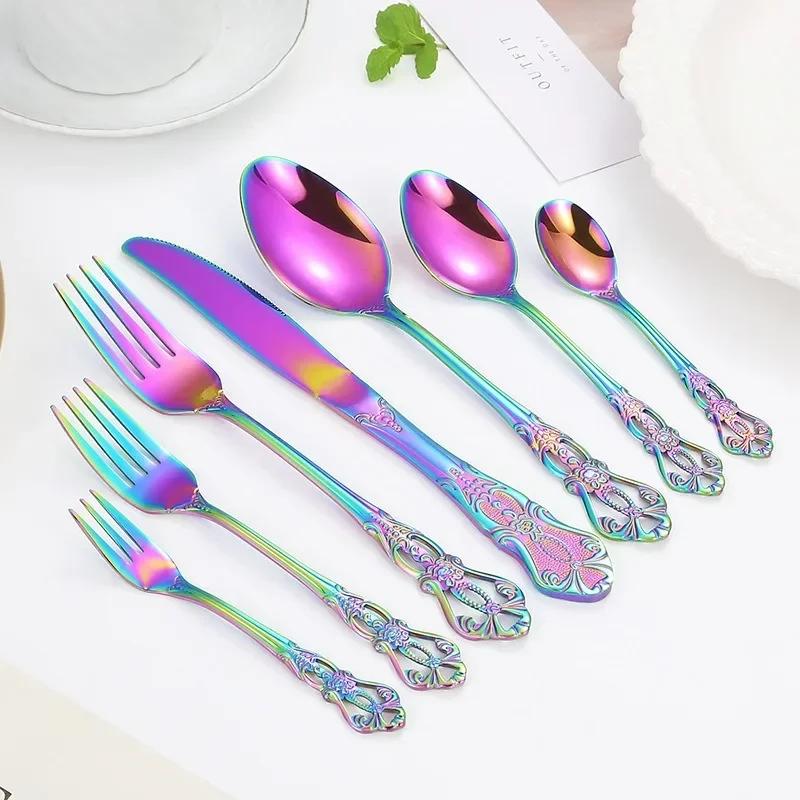 European Style Stainless Steel 4pcs Dinnerware Set - Retro Hollow Design Gold Spoon, Fork and Royal Steak Knife for Home Decor