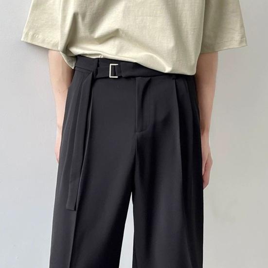 Men Suit Pants Straight Wide Leg Loose Belted Adjustable Waist Solid Color Formal Business Style Streetwear Full Length Casual Office Wear Trousers