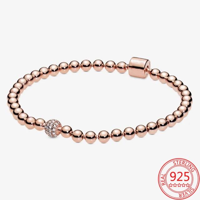 

Романтический браслет из стерлингового серебра 925 пробы с бусинами и браслетом, модный брендовый браслет с застежкой-ведром, базовый браслет на день Святого Валентина, подарок 19cm ярко-розовый