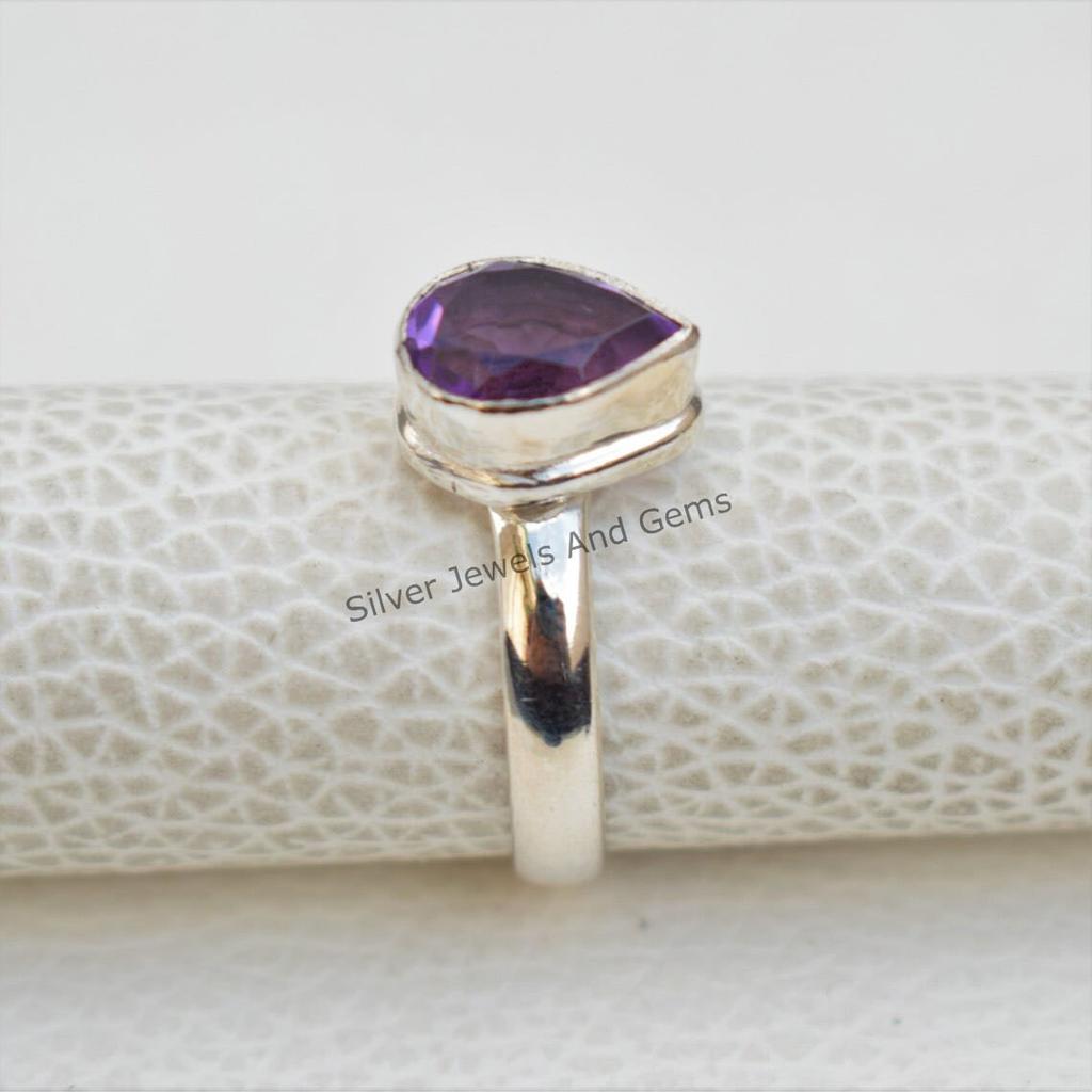 Natural Amethyst Ring, Teardrop Ring, February Birthstone Ring, Handmade Ring for Gift, 925 Sterling Silver Ring, Promise Ring
