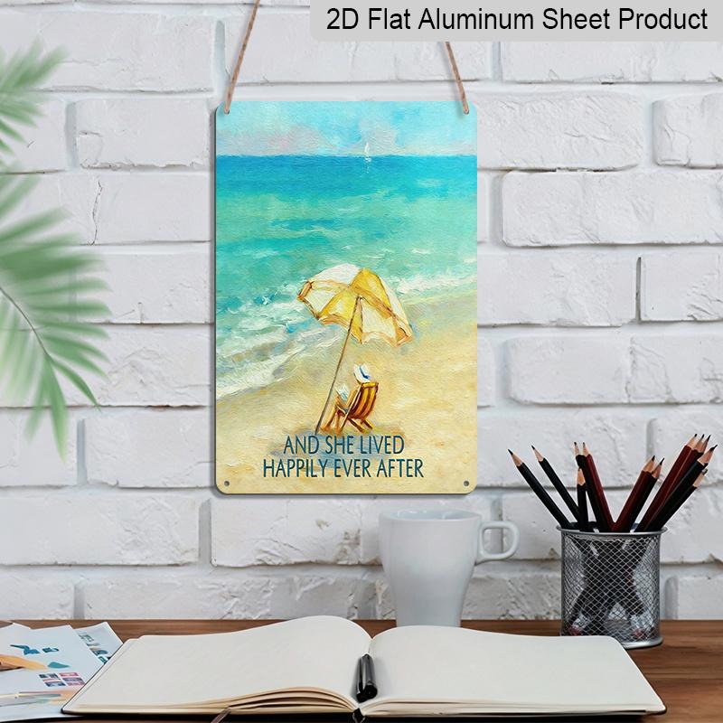 2D Flat 1pc Vintage Beach Metal Aluminum Wall Art Sign "And She Lived Happily Ever After" - 8x12 Inch Turquoise & Golden Coastal Decor, Summer Wall