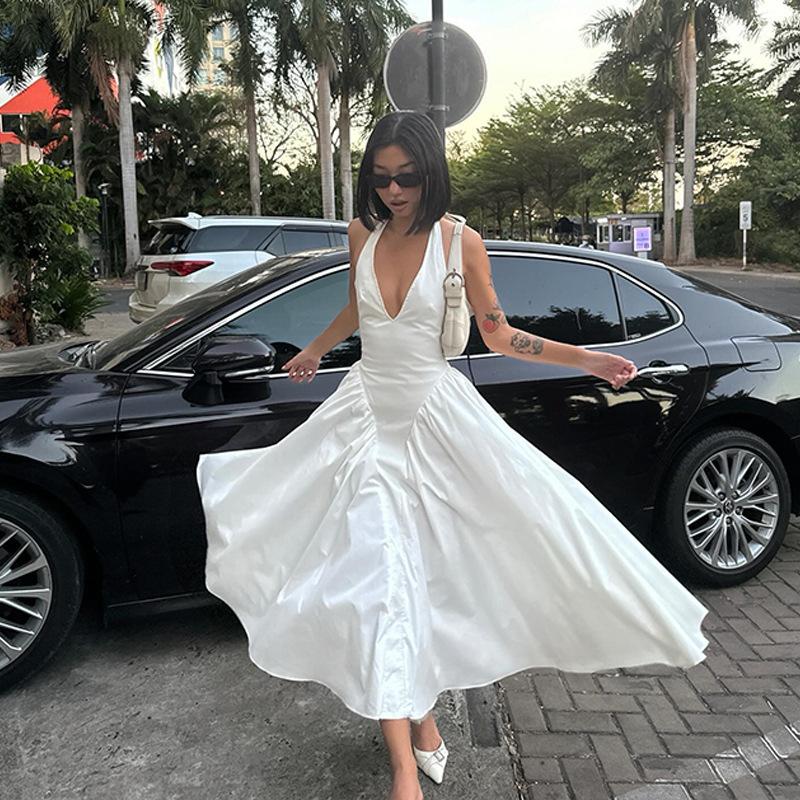 

European and American style sexy V-neck neck pure desire white dress, women s autumn sweet and thin French princess dress S белый