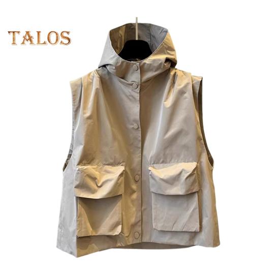 

Жилет карго с капюшоном, без рукавов, застежка-молния, однотонный жилет, пальто с карманами, свободный крой, однотонный жилет в уличном стиле M хаки