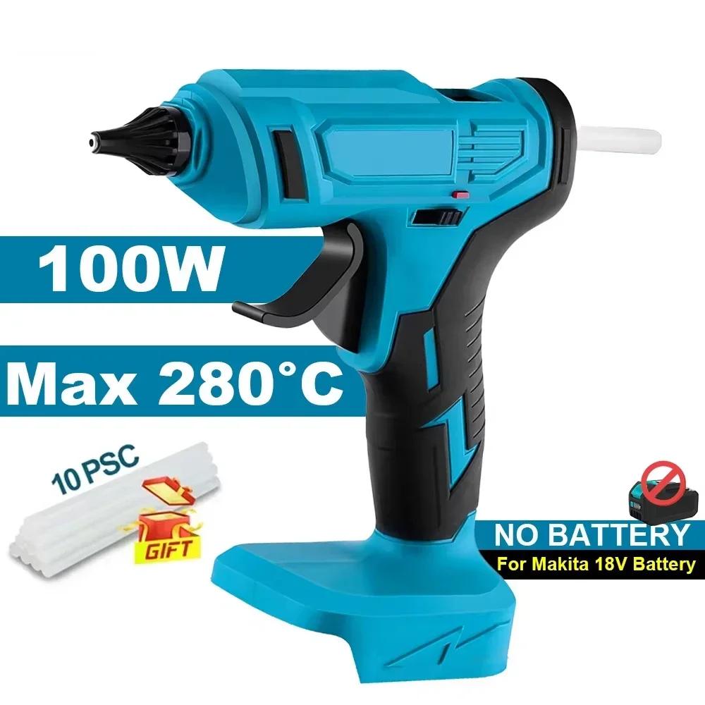 Rechargeable 100W Portable Hot Melt Glue Gun 280°C with 10x 11mm Sticks, DIY Repair Tool, Compatible with Makita 18V Batteries