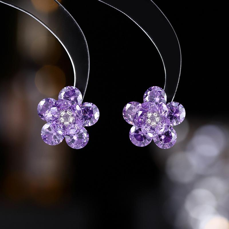 925 Silver Needle Flower Crystal Earrings, Korean Style High-End Zircon Studs, Sweet Dopamine Design for Women