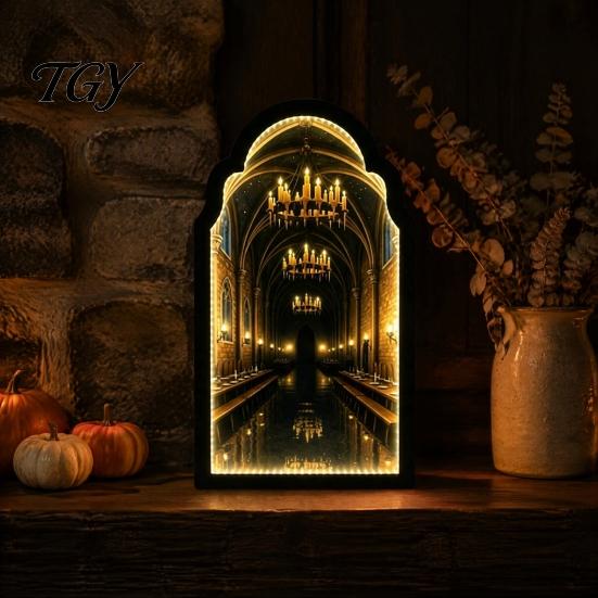 Ghostly Candlelight Display Light Up Ghost Mirror, Arched Wooden Frame Ghost/Grim Reaper Halloween Indoor Holiday Ornaments Soft Ambient Lighted