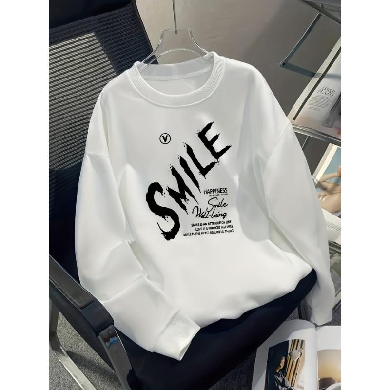 European sizes Youth Boys' Smile Print Casual Sport Long-Sleeve Sweatshirt, Warm Crew Neck Top, Outdoor Wear.