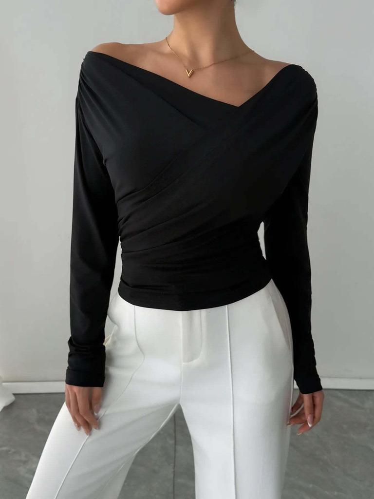 European & American Korean-Style Cross Neck Long Sleeve Top: Slimming Casual Solid Color for Spring & Autumn.