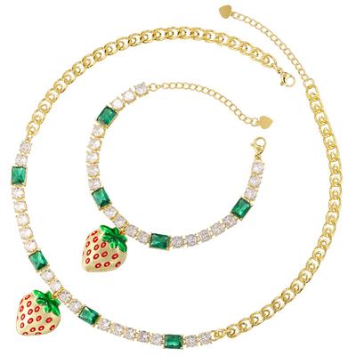 Exquisite Sweet Copper Diamond Strawberry Bracelet Necklace Premium Fruit Jewelry Set Vl633-634
