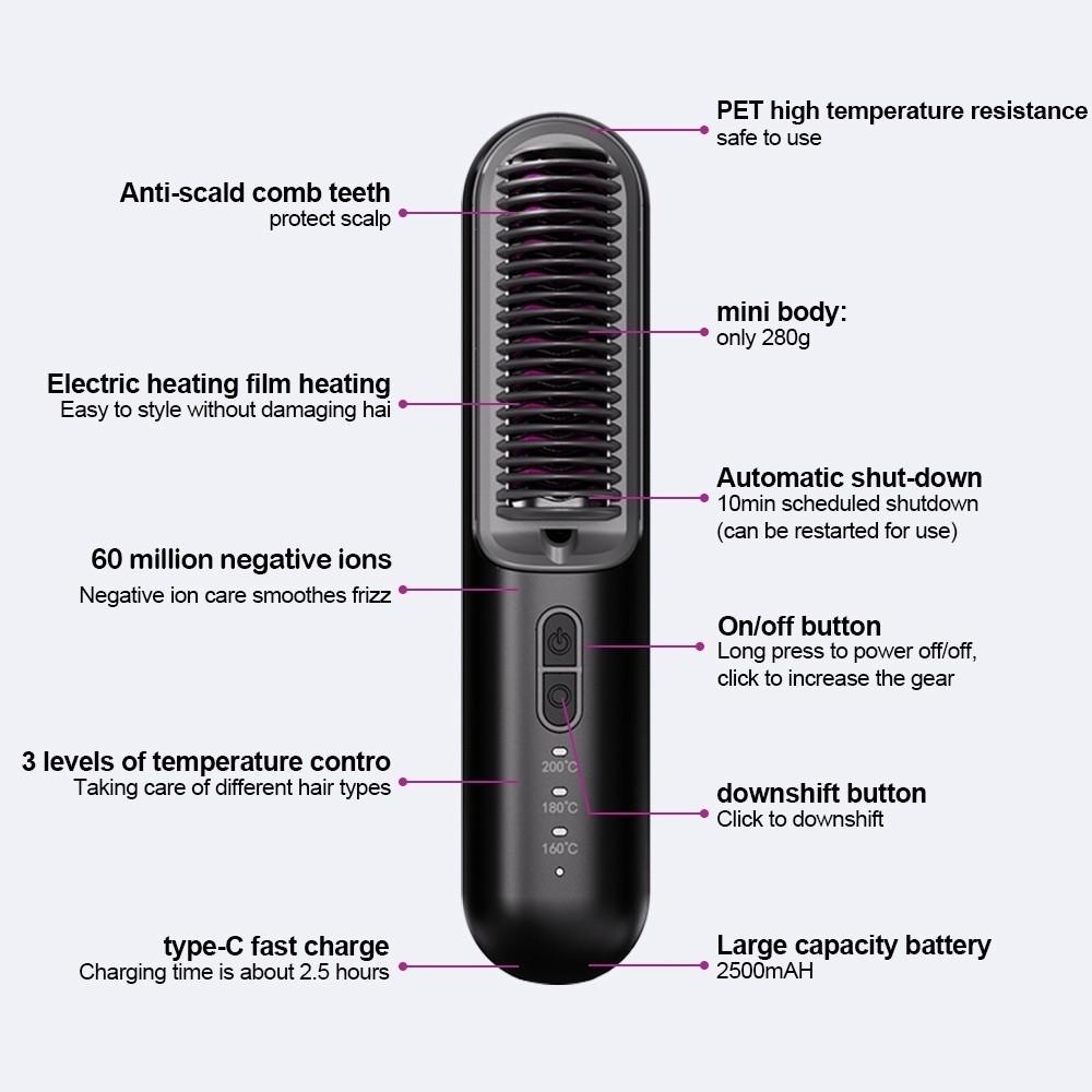 Negative Ion Hair Care Hair Curler USB Rechargeable Professional Hair Straightening Brush Wireless Hair Straightener Comb