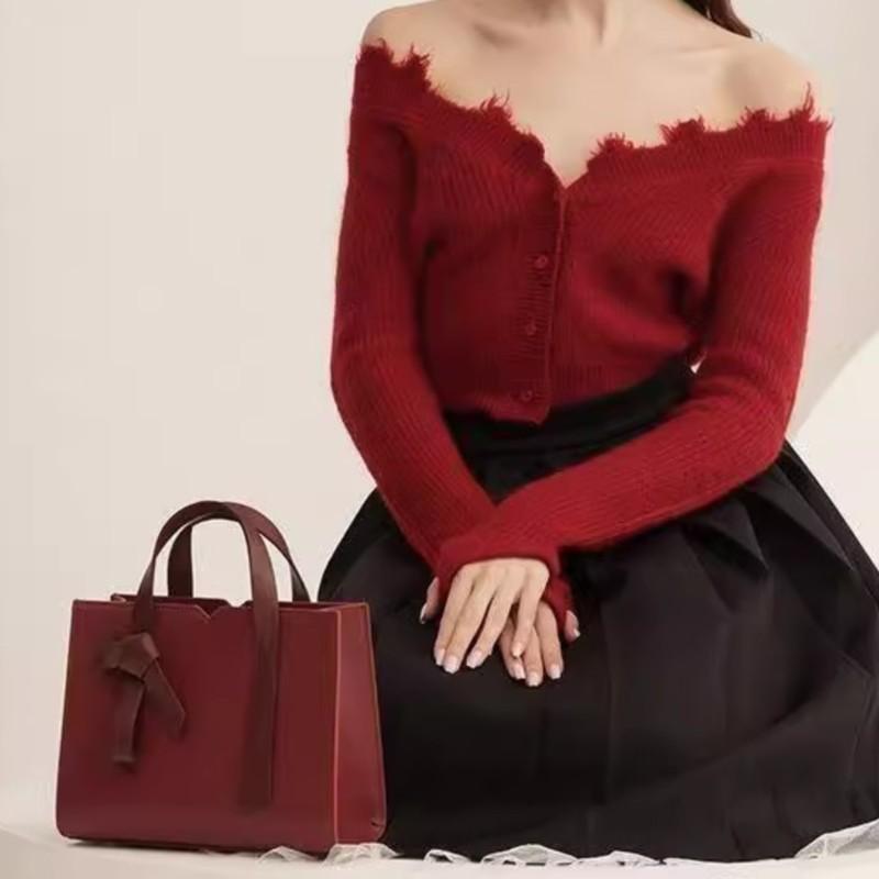 JIAERDI Sweet Cute Bow Handbag Women Retro Red Elegant Shoulder Bag Ladies Square Leather Large Capacity Crossbody Bag Chic 2025