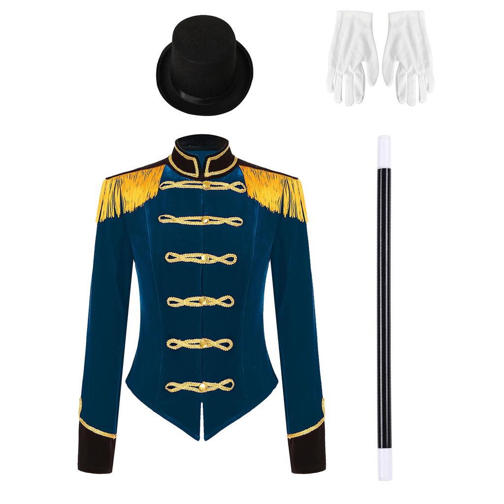 Women Ringmaster Costume Long Sleeve Jacket Stand Collar Fringe Shoulder Boards Golden Trim Hat Gloves Magic Set