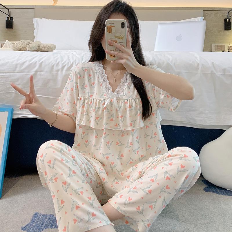 Short-sleeved Trousers Cotton and Silk Pajamas Women's Summer Thin Suit Japanese Sweet Anti-bumps Can Be Worn Outside Cotton Silk Loungewear