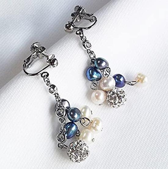 Bijou YASUO Boucles d'oreilles Perle d'eau douce Étincelantes Noir Gris Blanc Pendantes 4cm Cadeau