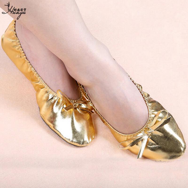 Huayu Dance Performance Shoes: Gold Belly Dance Flats with Soft Sole & High Heel Versatile for Indian and Square Stage