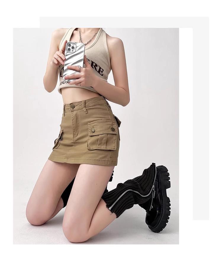 Petite High-Waisted Khaki Denim Midi Skirt - Slim Fit A-Line, Hip-Hugging & Anti-Exposure