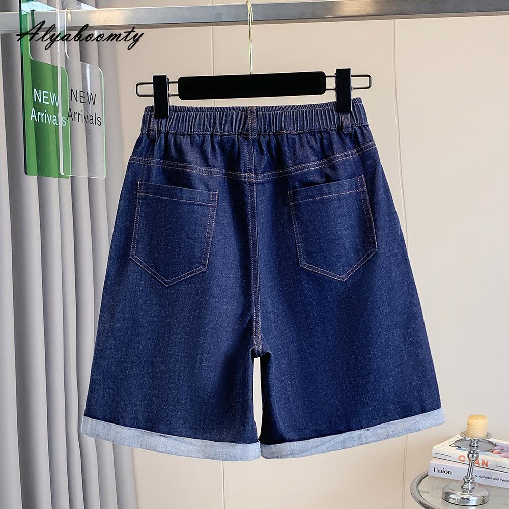 Koreanischer Stil Übergröße Sommer Damen Kurze Jeans Elastischer Bund Lässig Locker Blaue Denim Caprihosen Basic Damen Weites Bein Caprihosen XL-5XL