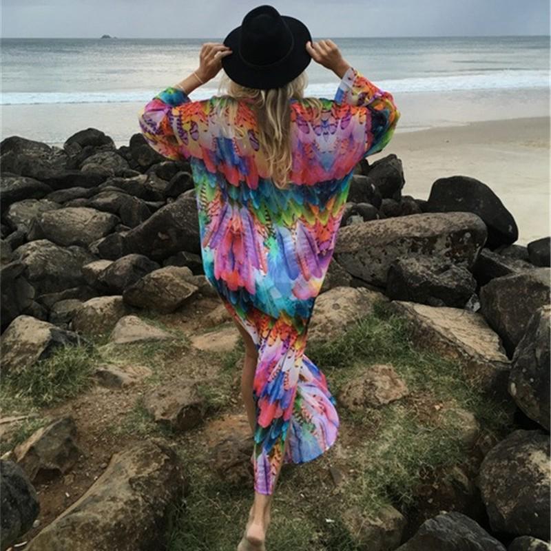Chiffon Feather Print Beach Cover-up Cardigan